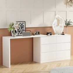 White L-Shaped Vanity Desk with 6-Drawer Dresser