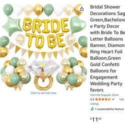 Bridal Shower Decorations Sage Green,Bachelorette Party Decor with Bride To Be Letter Balloons Banner, Diamond Ring Heart Foil Balloon,Green Gold Conf