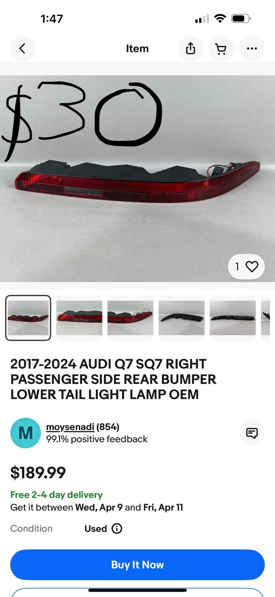 2017-2024 Audi Q7 Rear Bumper Lower Taillight Right Side