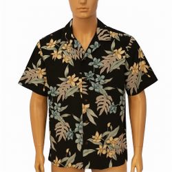 PACIFIC LEGEND Hawaiian Shirt Short Sleeve Black Blue Green Tan Yellow Large EUC