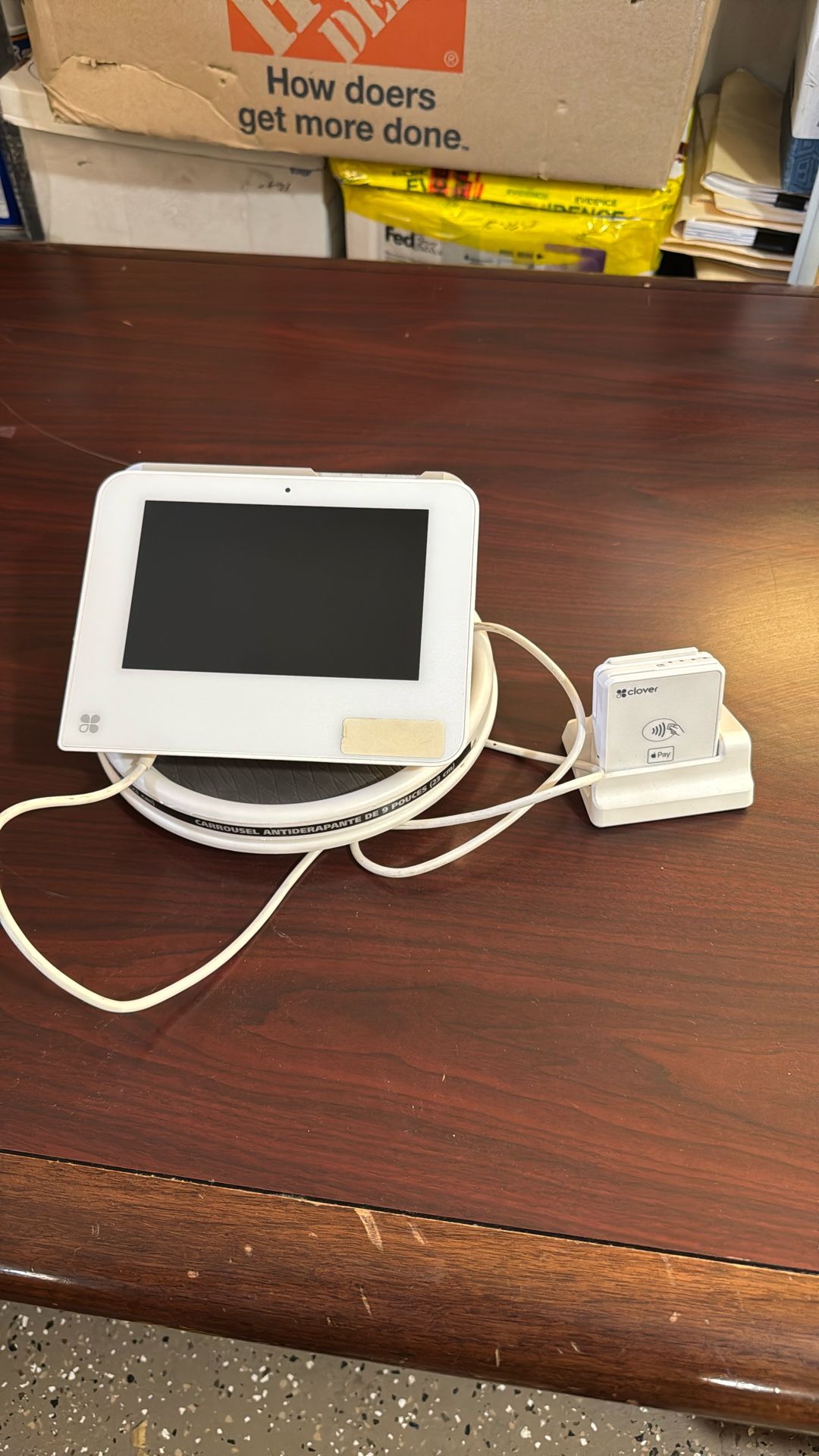 Clover Credit Card Machine With Handheld Device And Box Of Thermal Paper