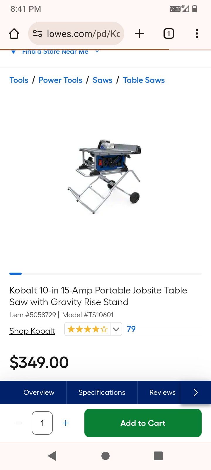 Kobalt Table Saw 10 Inch 15 Amp