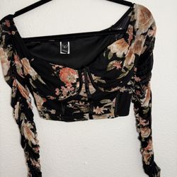 Black Floral Cropped Mesh Sleeve