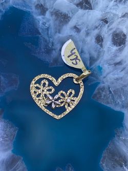 $175 Yellow and White Gold Heart w Flowers Charm Pendant
