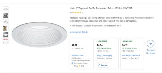 Halo Recessed 6100WB 6" Tapered Metal Baffle Trim, White Baffle, Narrow & Wide White Trims