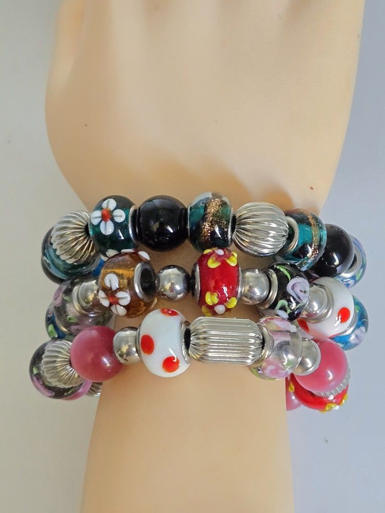 Set of Three Stainless Steel Murano and Cat's Eye Design Glass Bead Stretch Bracelets