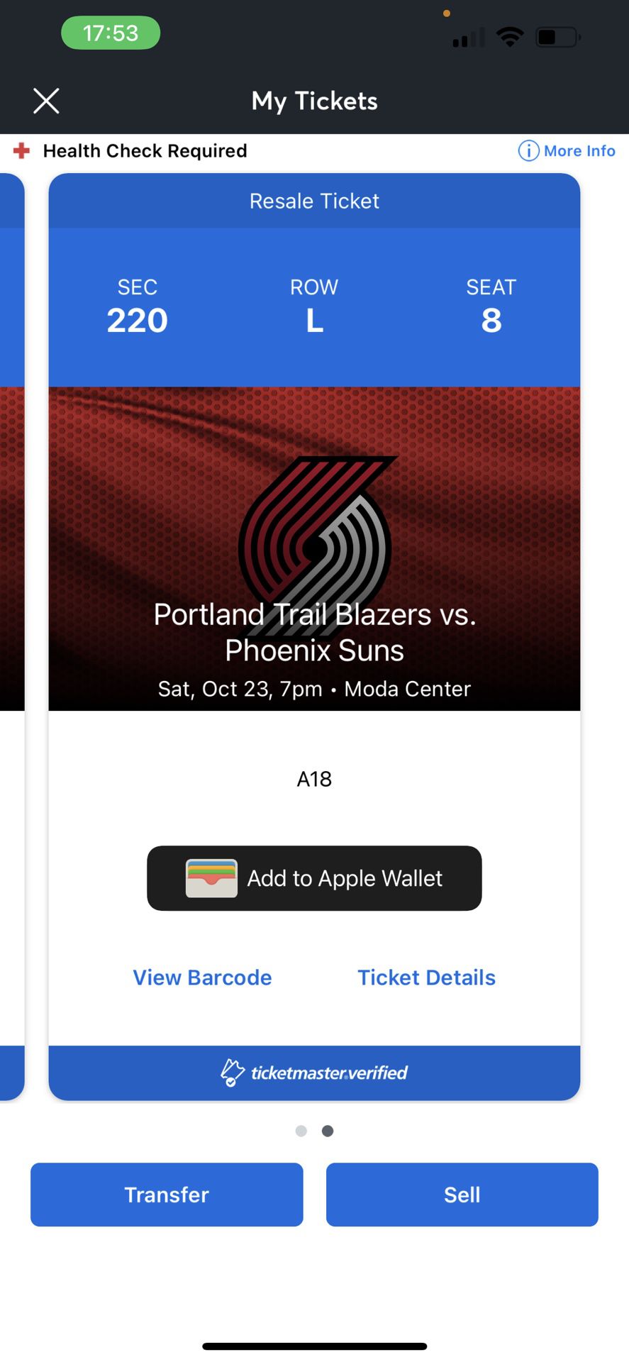 Tonight’s Game Trail Blazers Vs Suns $150 For Both. 200 Level Seats