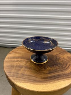 Vintage Cobalt Blue Glass Pedestal Compote Bowl with Gold Detail