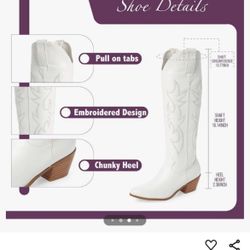 A Pair Womens Embroidered Pull On Cowboy Cowgirl Boots Block Chunky Heel Western Mid Calf Boots Riding Weddin(Size 8.5)