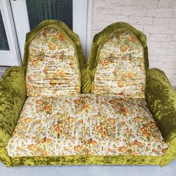 Whimsical Mid Century Olive Velvet Two-Seater Sofa 