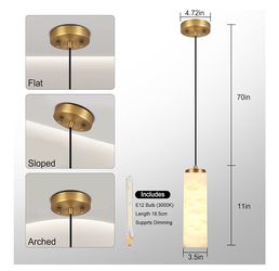Natural Alabaster Pendant Light H-11in Pendant Light Fixtures, Marble Square Shade Copper, Light Pendant for Bedroom Dining Room Living Room (E12 Bulb