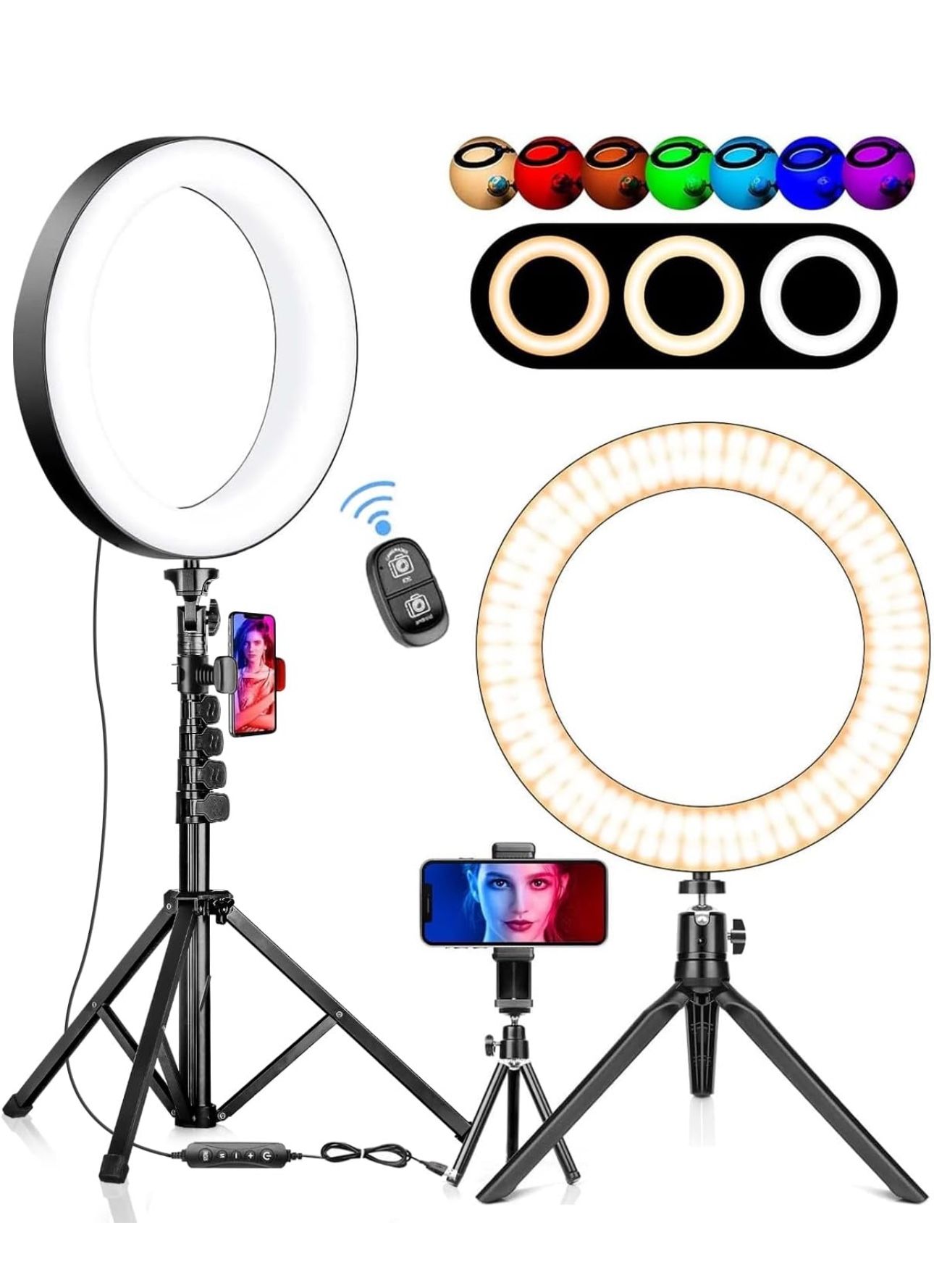 Selfie Ring Light with 3 Stands and 2 Phone Holders Well Equipped RGB Ring Light with 14 Colors of Light, Lighting for Phone/Desk/Laptop/Video Recordi