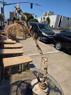Handcrafted Rustic Table Lamp with Organic Wood, Nautical Rope, and Rattan Shade