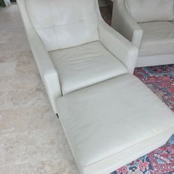 Like New Genuine White Leather Chair W/Ottoman