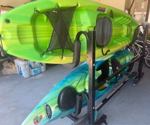 Kayaks, paddles, and storage rack