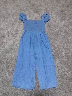 Blue Smocked Puff Sleeve Wide-Leg Jumpsuit