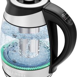 Chefman Electric Kettle with Temperature Control, 5 Presets LED Indicator Lights, Removable Tea Infuser, Glass Tea Kettle & Hot Water Boiler