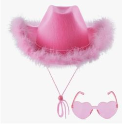 Brand New Feathers Cowgirl Hat with UV400 Heart Sunglasses Pink Bachelorette Birthday Etc