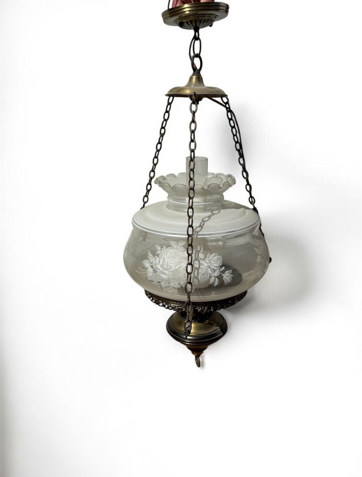Large Antique Vintage Hanging Brass Swag Lamp Glass Globe.