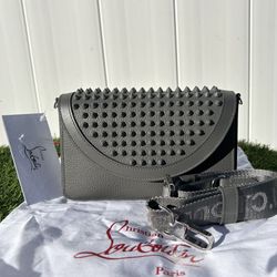 CHRISTIAN LOUBOUTIN FUNKY CROSSBODY BAG SMOKE GRAY LEATHER SPIKES LOGO STRAP NEW