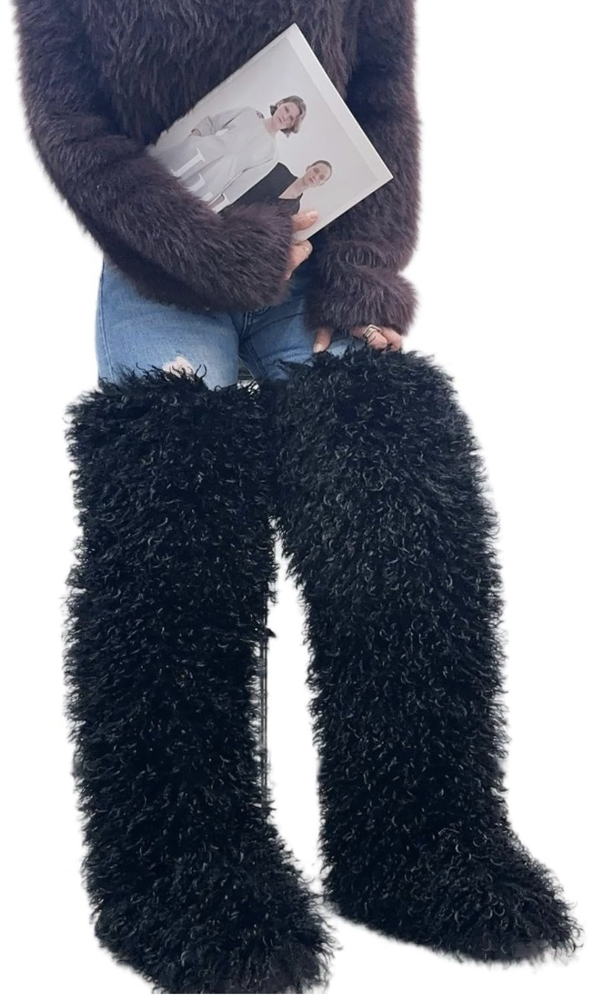 Mongolian plush fur thigh-high boots, 29 inches above the knee (Black Color)