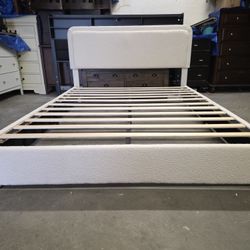 White Fabric Queen Size Platform Bed Frame