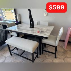6 piece faux marble top counter height dining table set  