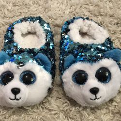 TY blue sequin wolf/puppy slippers