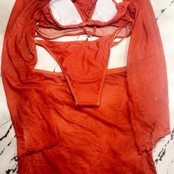 Burnt Orange Bikini Set with Sheer Coverup