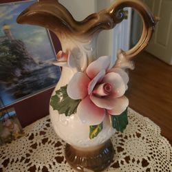 New Authentic Cute Italian Porcelain Nuova Capodimonte Pitcher Vase With Rose 🌹 Retails For $115 Selling For Only $60 Great Deal