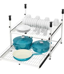 Hisencn Expandable 2-Tier Pull Out Cabinet Organizer, 13"-21" Wide Slide-Out Drawers (White)
