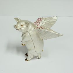 Rare When Pigs Fly Winged Flying Pig Jeweled Enameled Metal Trinket / Pill Box 