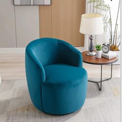 Velvet Fabric Swivel Accent Armchair Barrel Chair with Black Powder Coating Metal Ring, Teal, D19
