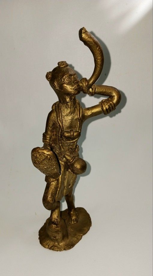 Ashanti Goldweight Gold Weight African Antique Brass Wax Cast Woman Blowing Horn Sounding the Alarm