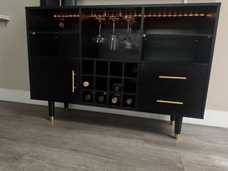 Black Bar Cabinet with Wine Rack and LED Lighting