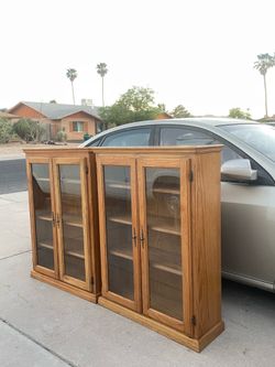 Vintage Pair of Oak Wood 48” h Gentleman’s Library Bookcases w/ Adjustable Shelves
