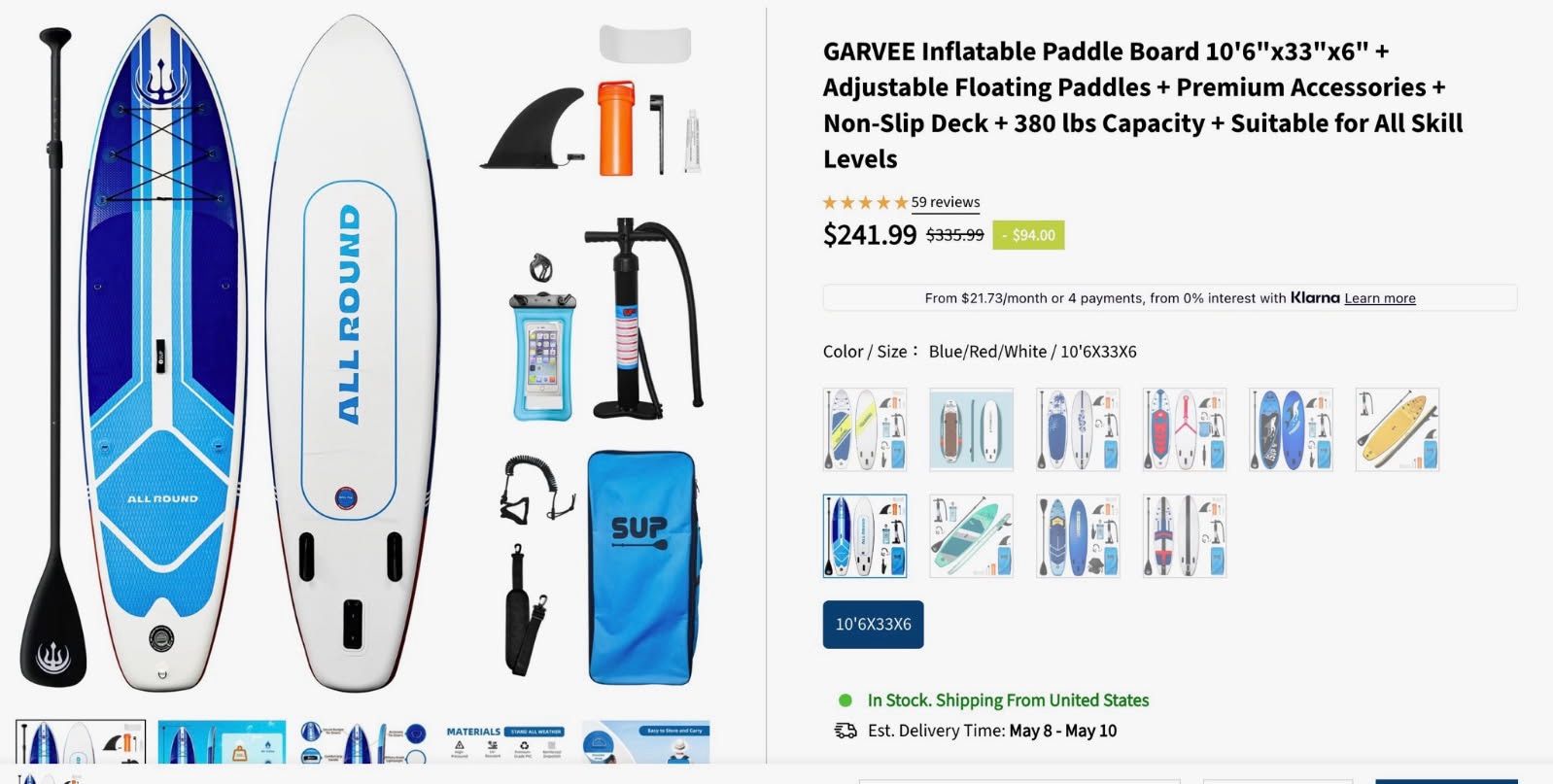 GARVEE Inflatable Paddle Board 10'6"x33"x6" + Adjustable Floating Paddles + Premium Accessories + Non-Slip Deck + 380 lbs Capacity + Suitable for All