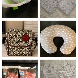 Baby Bundle Bath, Clothes, Nursing Pillow, Diaper Bag, Swaddle Blankets