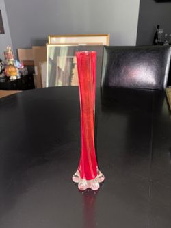 Vintage Twisted Elephant Foot Clear Glass Bud Vase 11 inches Tall Stretch Red