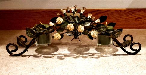 Vintage 1993 Wrought Iron & Rose Candle Centerpiece Candelabra