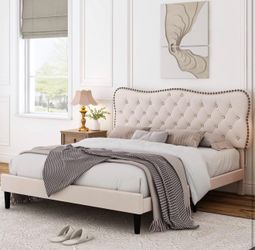 Full Size Upholstered Platform Bed Frame with Tufted Headboard