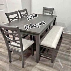 ✅️✅️ 6 pc grey finish wood dining table set padded seat chairs and bench ✅️✅️