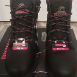 New Brahma Bevel Black Leather Pink Interior Lace Up Steel Toe