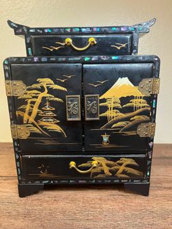 Black Lacquer-Style Jewelry Box Chest w/ Doors & Drawers, Gold Asian Landscape