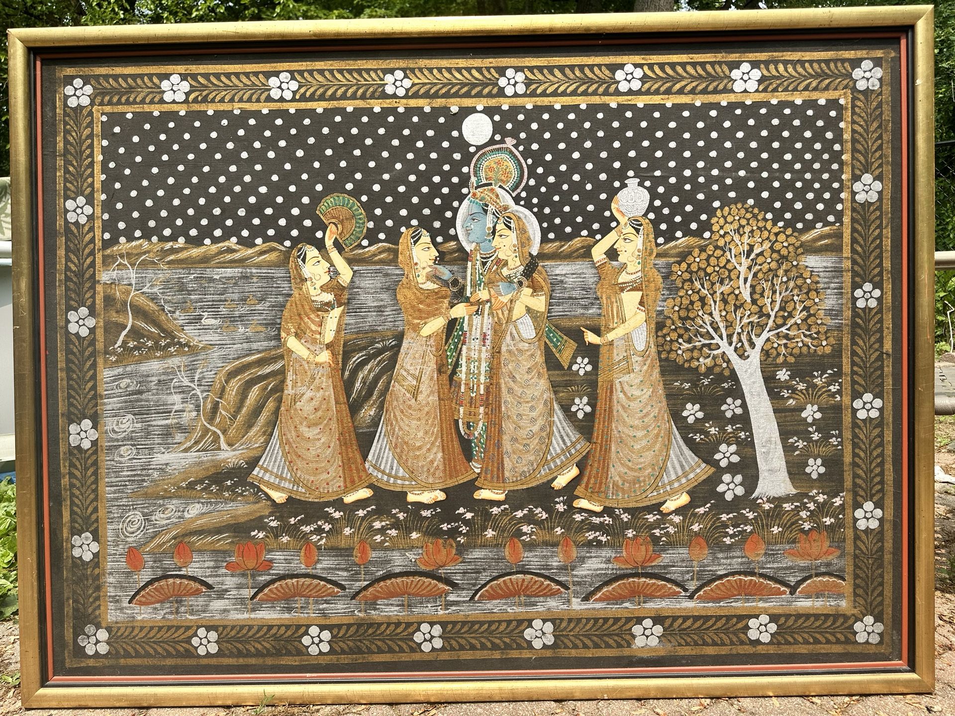 Vintage Hand-Painted Indian Silk Painting – Framed – Large 4ft x 3ft