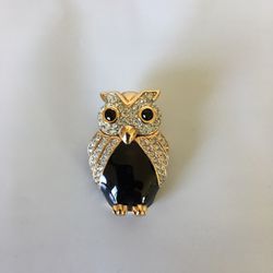 Enamel Black Clear Rhinestone Owl Brooch Pendant Top