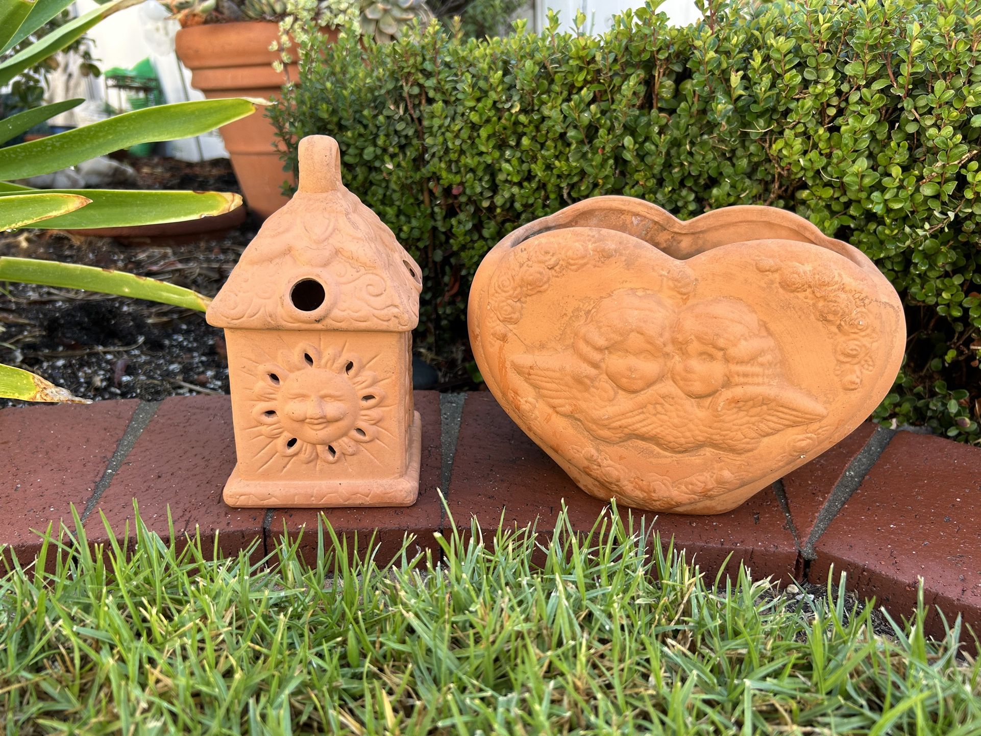 Vintage Lot 2- Terracotta Small Angle Heart Planter Pot And Sun Lantern Garden Decor Collectibles Cracked Retro Plants Flowers Both