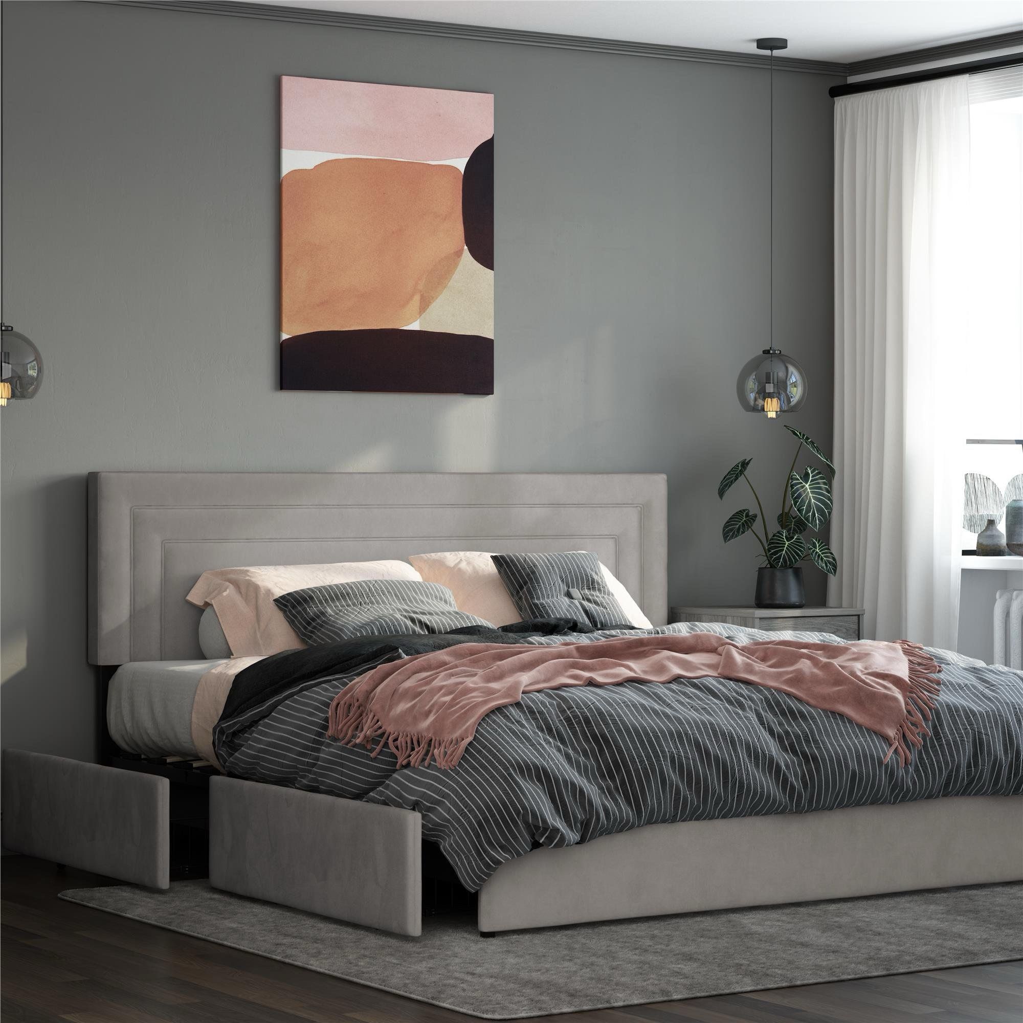 DHP Oxford Upholstered Storage Bed Frame, King, Light Gray Velvet