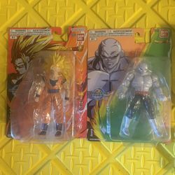 two action figures from the Bandai Dragon Ball Super Evolve line, specifically featuring Jiren and Super Saiyan 3 Goku. 