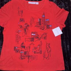 red Sag Harbor Jason Polan x Uniqlo t-shirt featuring a black and white city illustration. 
